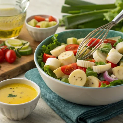A vibrant hearts of palm salad with fresh vegetables and a zesty dressing being prepared.