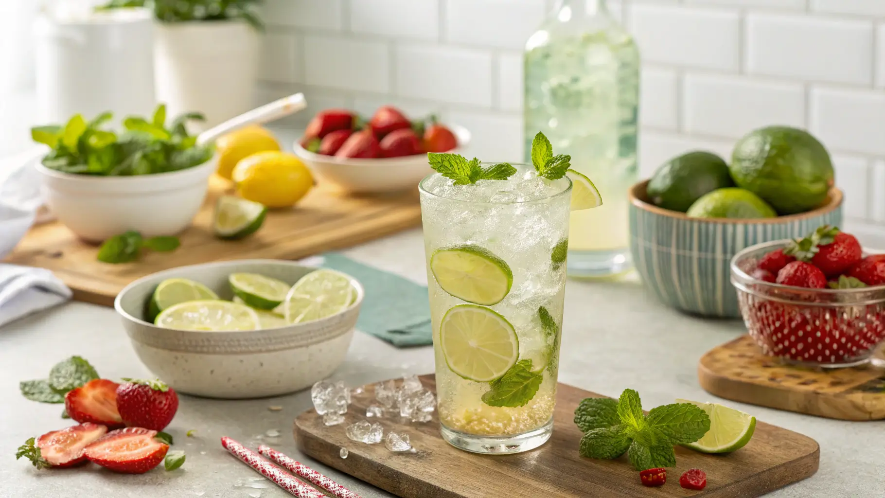 A refreshing mocktail made with lime juice, agave syrup, and sparkling water, garnished with lime slices and mint leaves.