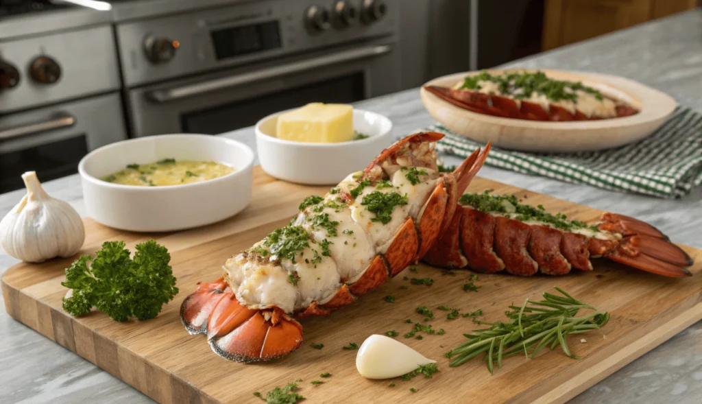 A beautifully arranged plate of garlic herb lobster tails garnished with fresh herbs and lemon wedges.