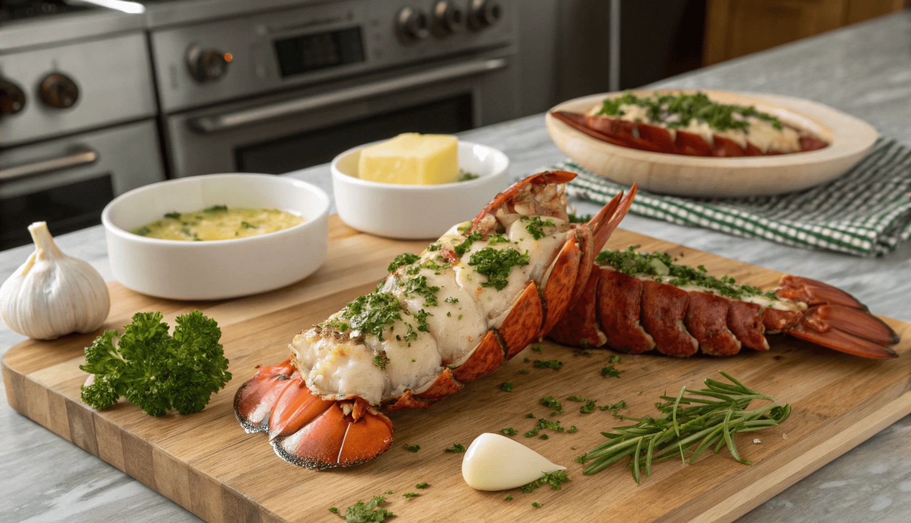 A beautifully arranged plate of garlic herb lobster tails garnished with fresh herbs and lemon wedges.