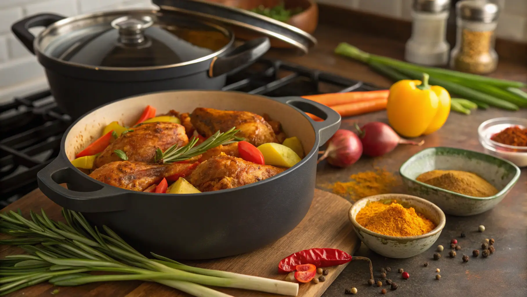 A pot of Authentic Jamaican Curry Chicken simmering with colorful vegetables and spices.