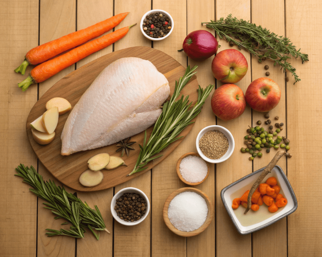 Ingredients for smoked turkey breast recipe including turkey breast, olive oil, spices, and brine components.