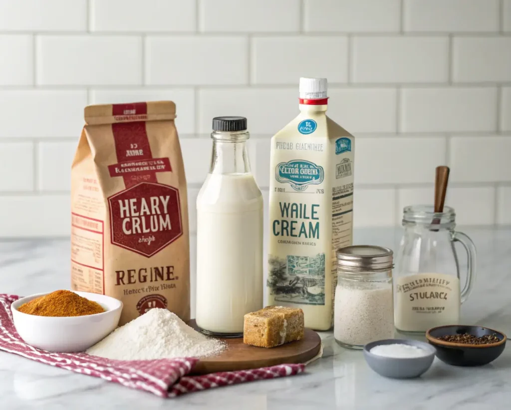 Ingredients for ice cream recipe including heavy cream, milk, sugar, vanilla extract, and salt.