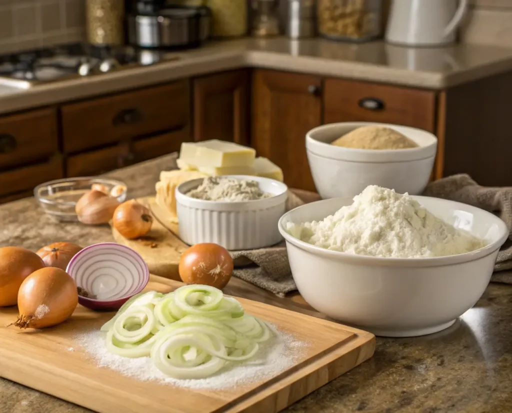 Ingredients and preparation setup for Amish onion fritters, including onions, flour, and mixing bowl.