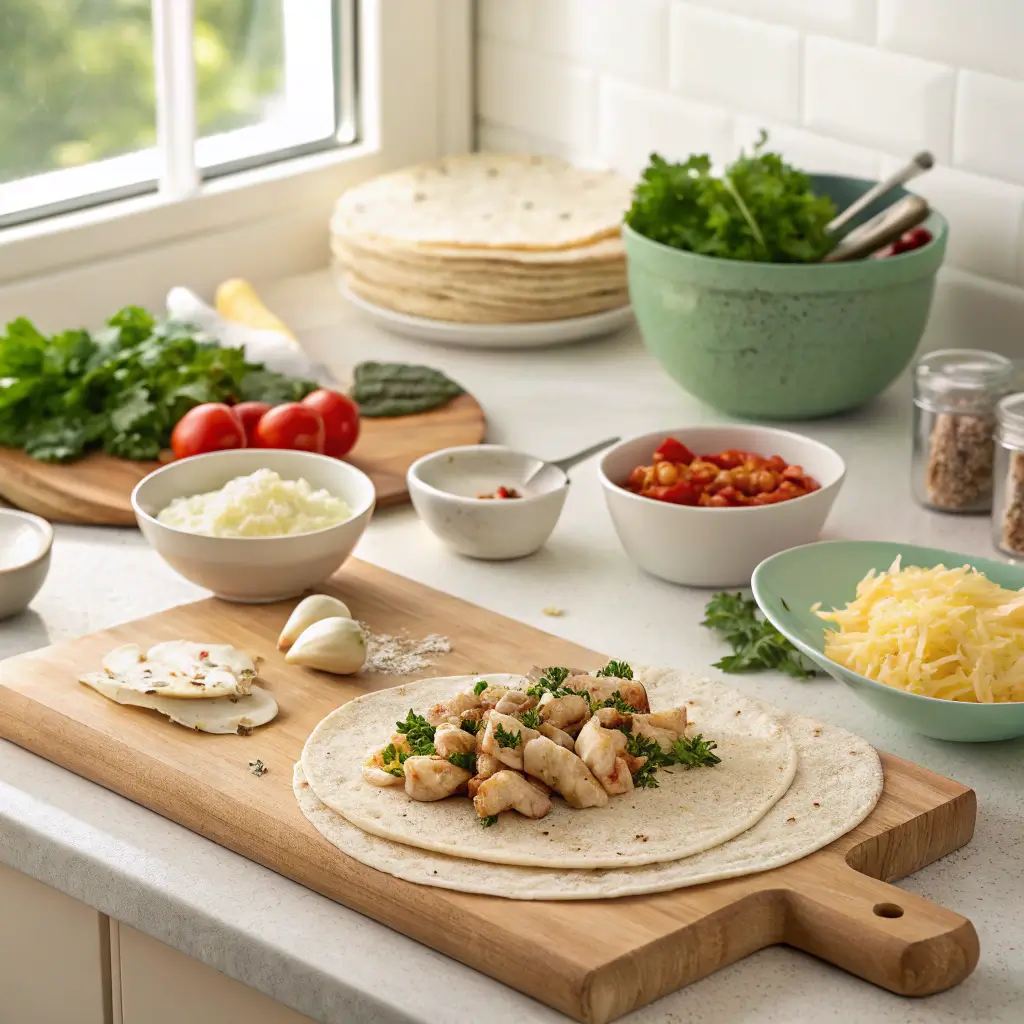 Step-by-step process of making Cheesy Garlic Chicken Wraps with ingredients laid out.