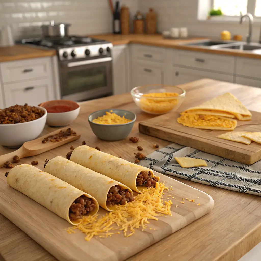 Ingredients and steps for making Cheesy Taco Sticks laid out on a kitchen counter.