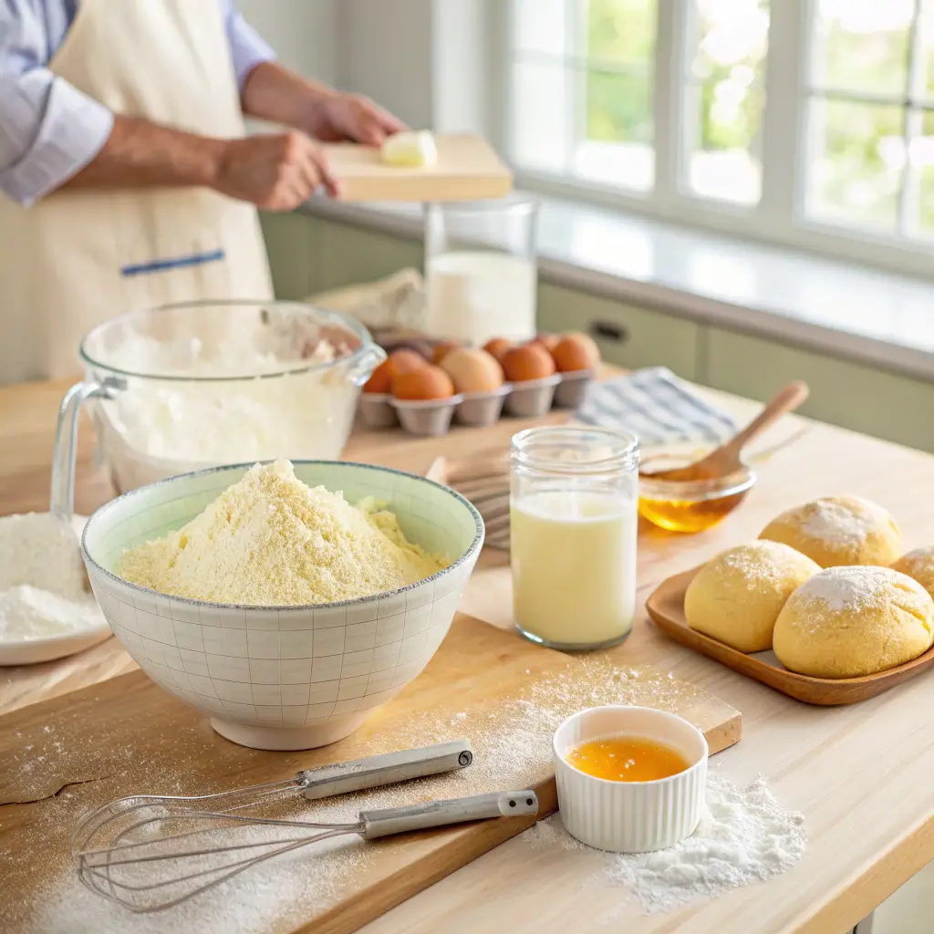 Ingredients and steps for making Easy Sweet Condensed Milk Bread displayed in a bright kitchen.