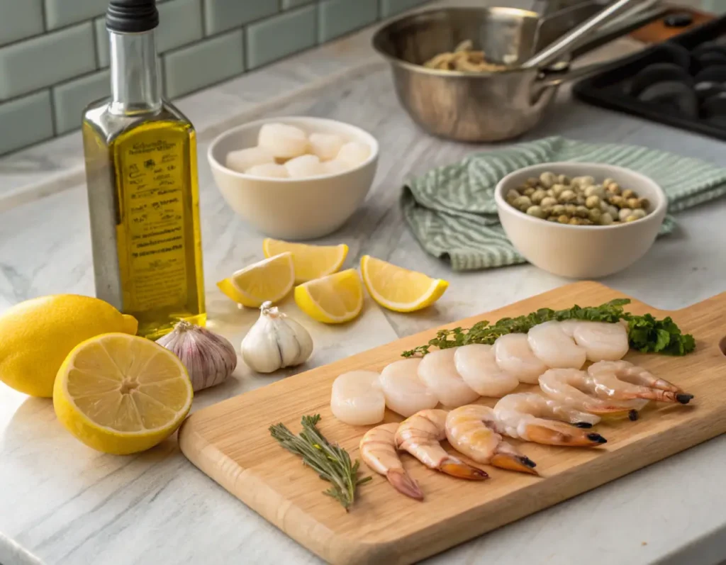 Ingredients for shrimp and scallop recipe laid out on a kitchen counter, including shrimp, scallops, garlic, lemon juice, and olive oil.