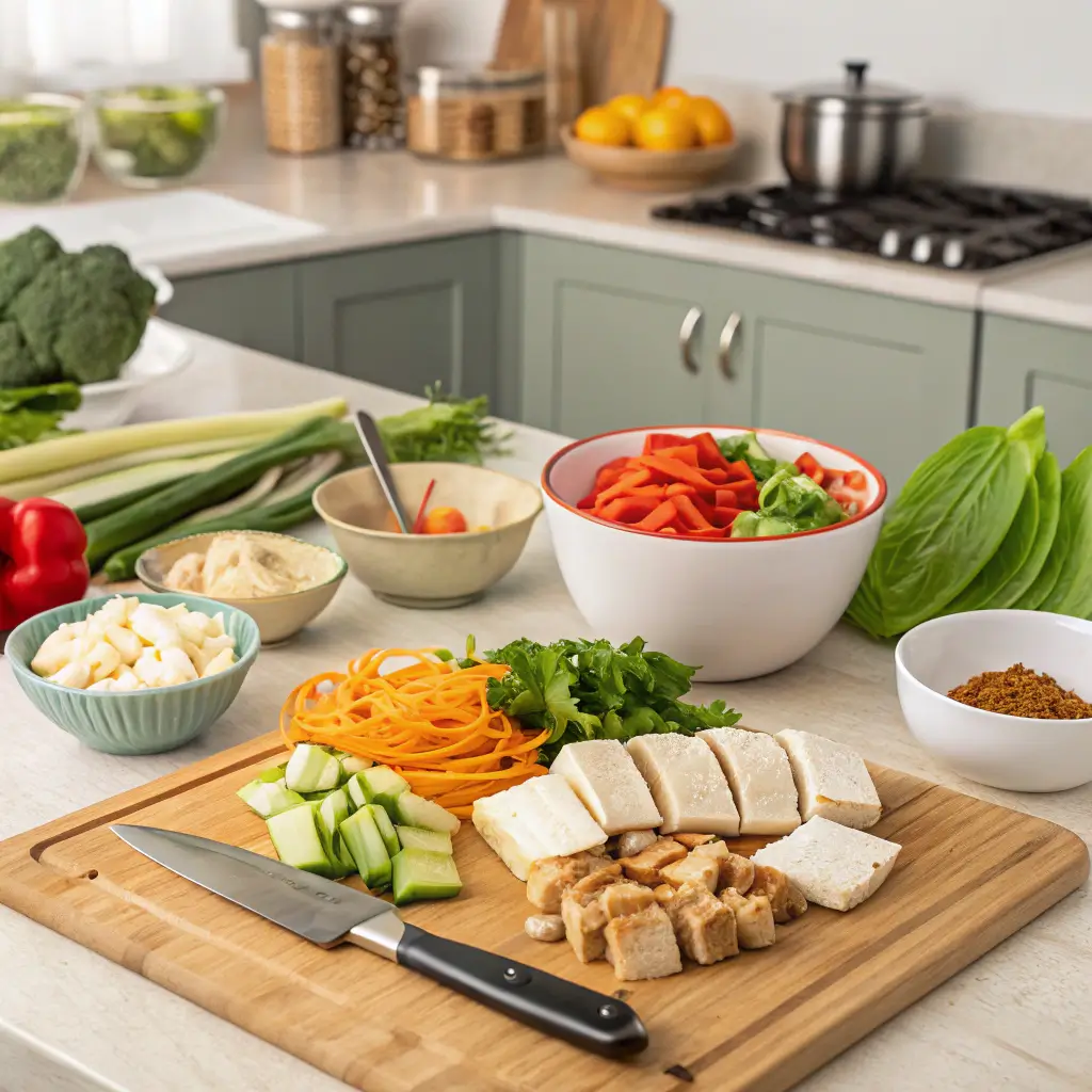 A colorful array of fresh vegetables and marinated chicken in a vibrant kitchen setting.