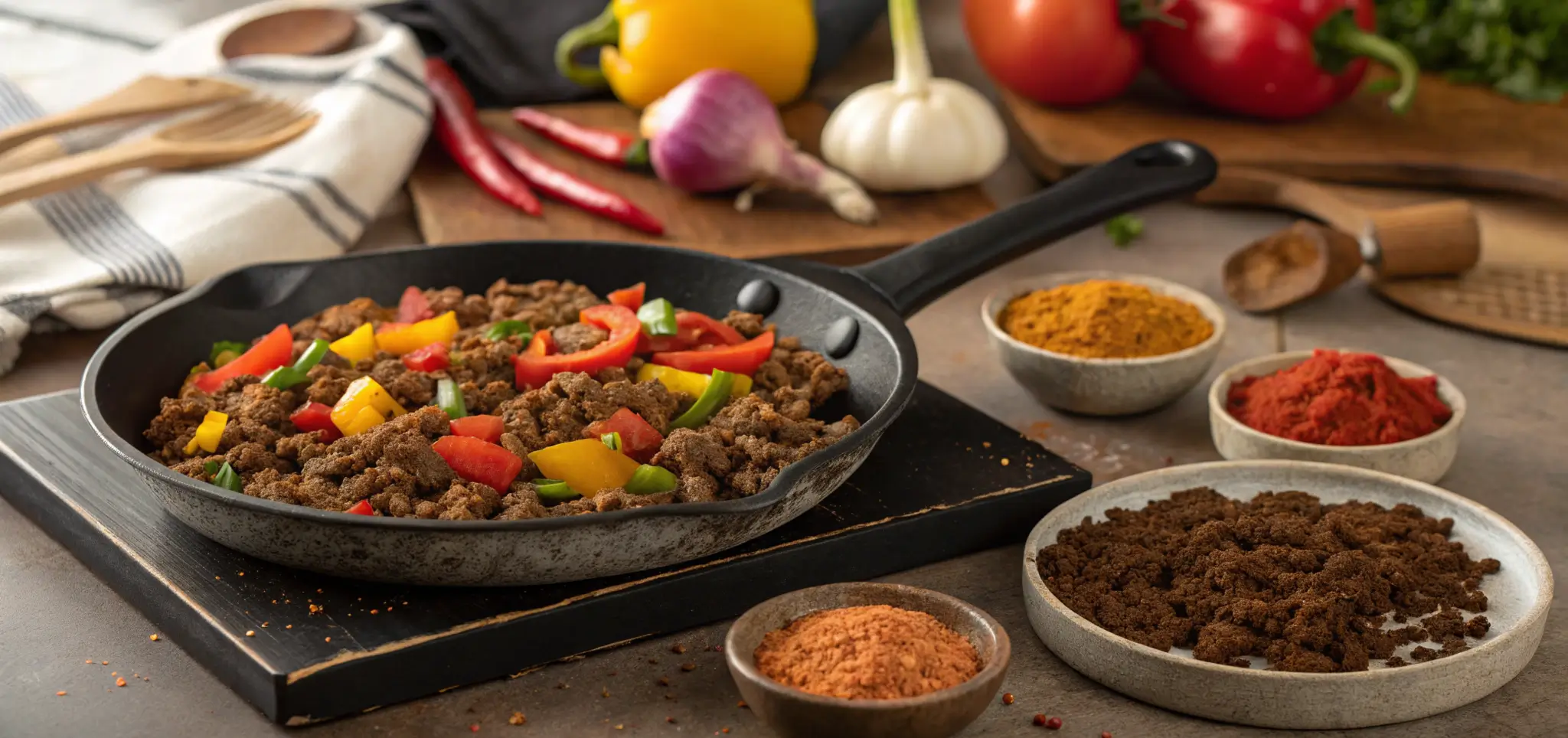 A skillet with sautéed ground bison and colorful vegetables, showcasing the cooking process.