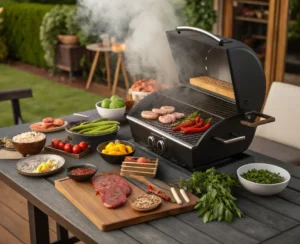 A vibrant setup of grilling ingredients and a Pit Boss grill in use, showcasing the grilling process.