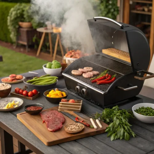 A vibrant setup of grilling ingredients and a Pit Boss grill in use, showcasing the grilling process.