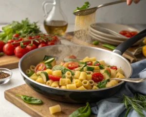 A colorful ditalini pasta dish being prepared with fresh vegetables in a pan.