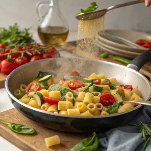 A colorful ditalini pasta dish being prepared with fresh vegetables in a pan.