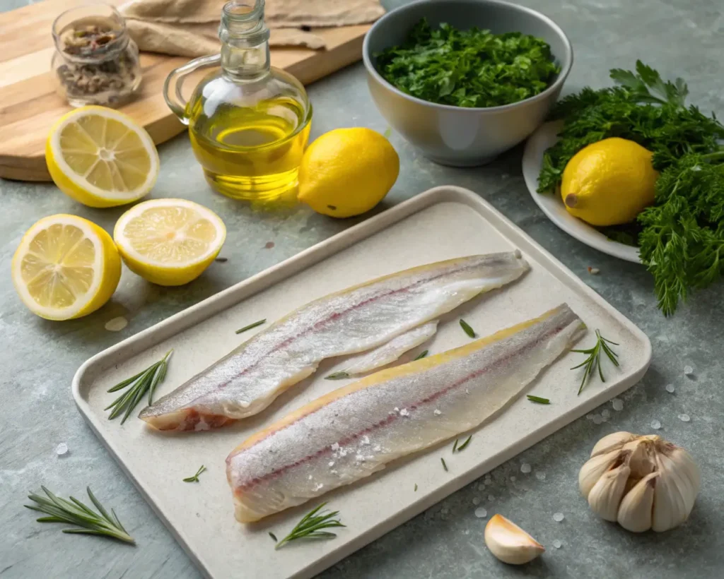 Ingredients and preparation steps for whiting fish recipes displayed on a kitchen counter.