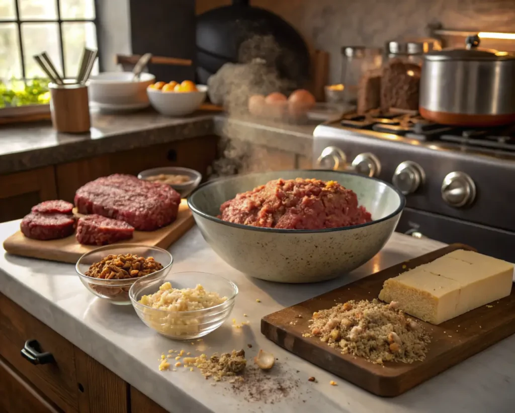 Ingredients for smoked meatloaf laid out on a kitchen counter, including ground beef, breadcrumbs, and spices.
