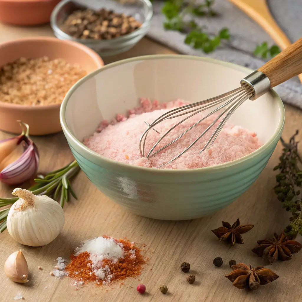 A mixing bowl filled with pink salt, garlic powder, onion powder, and dried herbs, being stirred with a whisk.