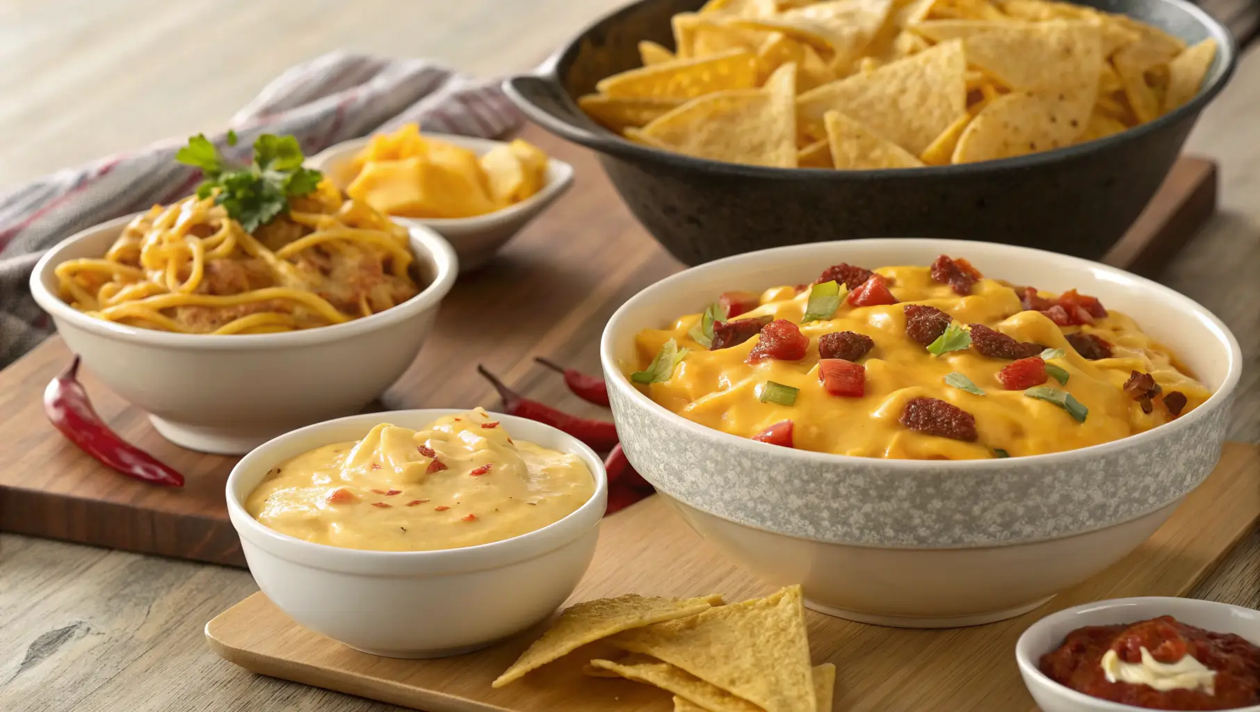 Different ways to serve Velveeta dishes, including cheesy dip and pasta.