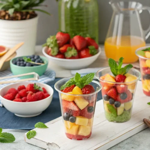 A vibrant setup for serving party fruit cups, featuring clear cups and mint garnishes.