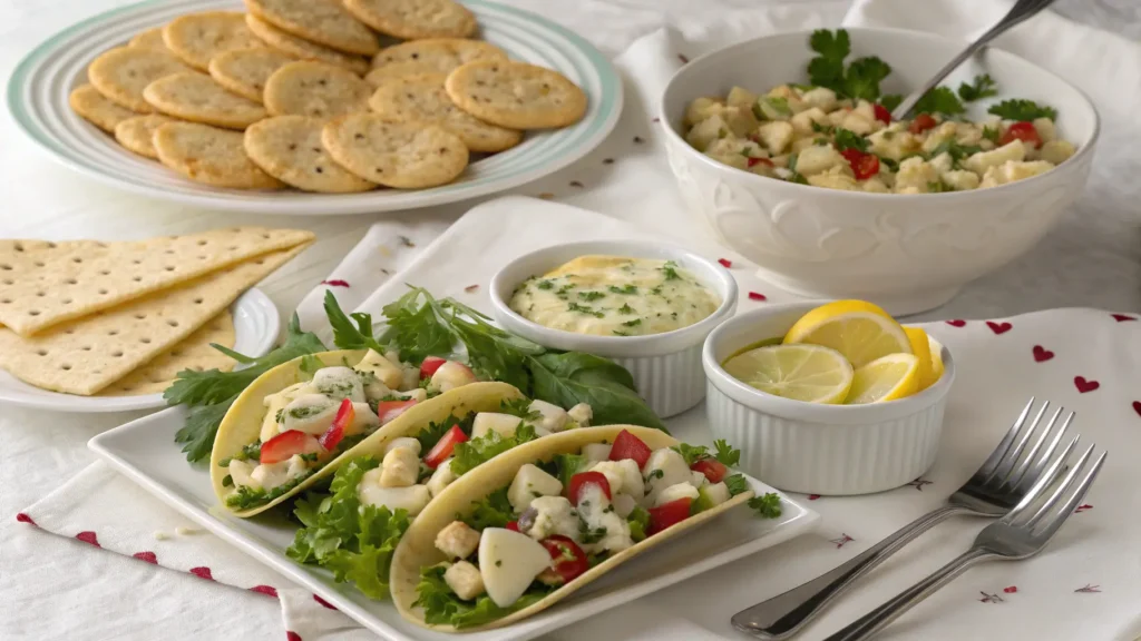 Various serving suggestions for hearts of palm dishes on a dining table.