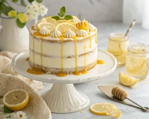 A beautifully decorated Vanilla Honey Lemon Cake on a cake stand.
