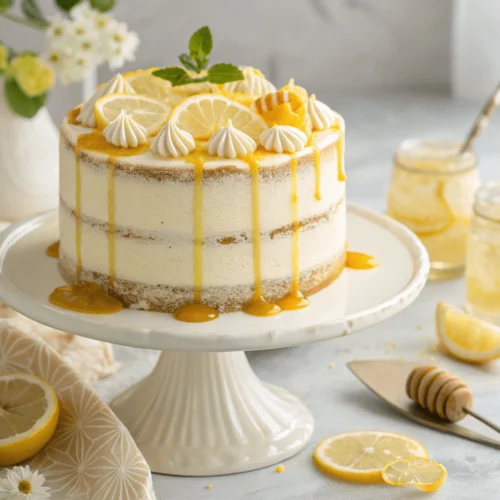 A beautifully decorated Vanilla Honey Lemon Cake on a cake stand.