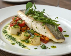 A beautifully plated whiting fish dish with fresh herbs and colorful vegetables.