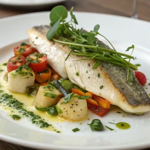 A beautifully plated whiting fish dish with fresh herbs and colorful vegetables.