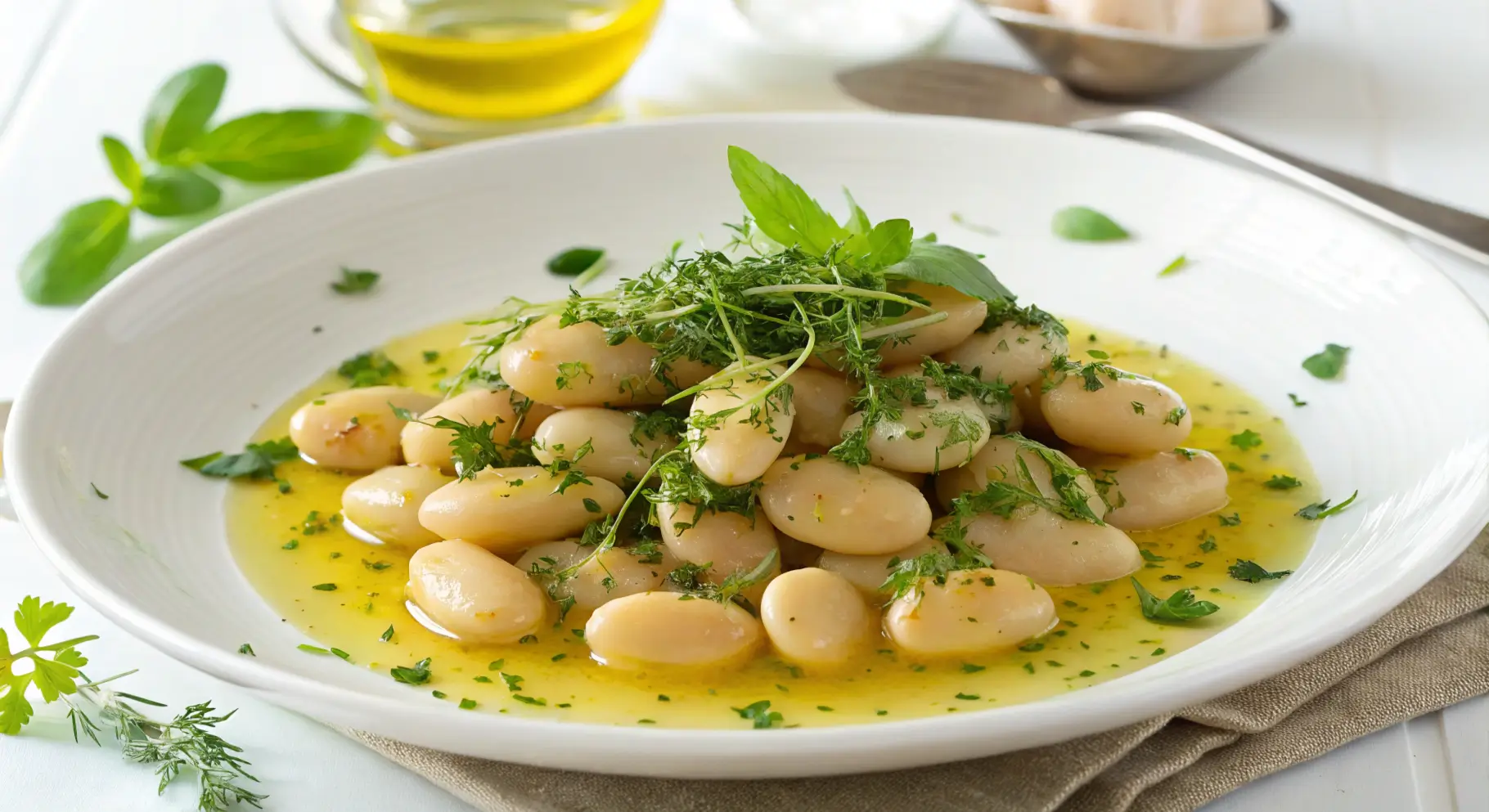A beautifully plated butter bean dish garnished with fresh herbs.