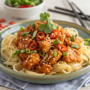 A beautifully plated serving of Bang Bang Chicken with garnishes.