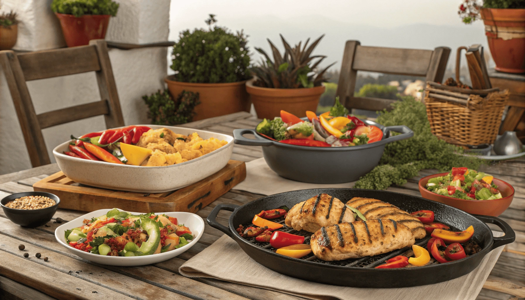 A variety of dishes made with Blackstone grill recipes, beautifully presented.