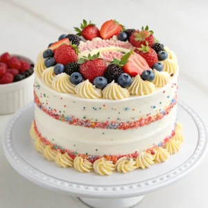 A beautifully decorated cake meds ready for serving.
