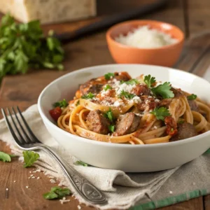 A bowl of Cajun Sausage Pasta garnished with parsley and Parmesan cheese.