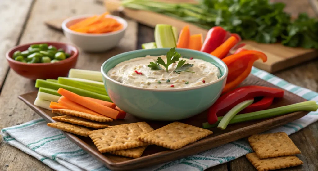 A bowl of Greek yogurt ranch dip served with vegetable sticks and whole-grain crackers.