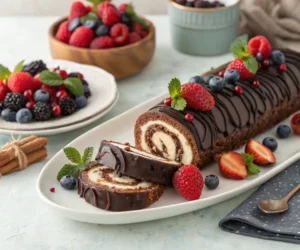 A beautifully plated choco swiss roll delight, garnished with chocolate ganache and berries.