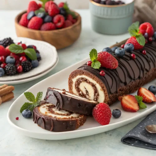 A beautifully plated choco swiss roll delight, garnished with chocolate ganache and berries.