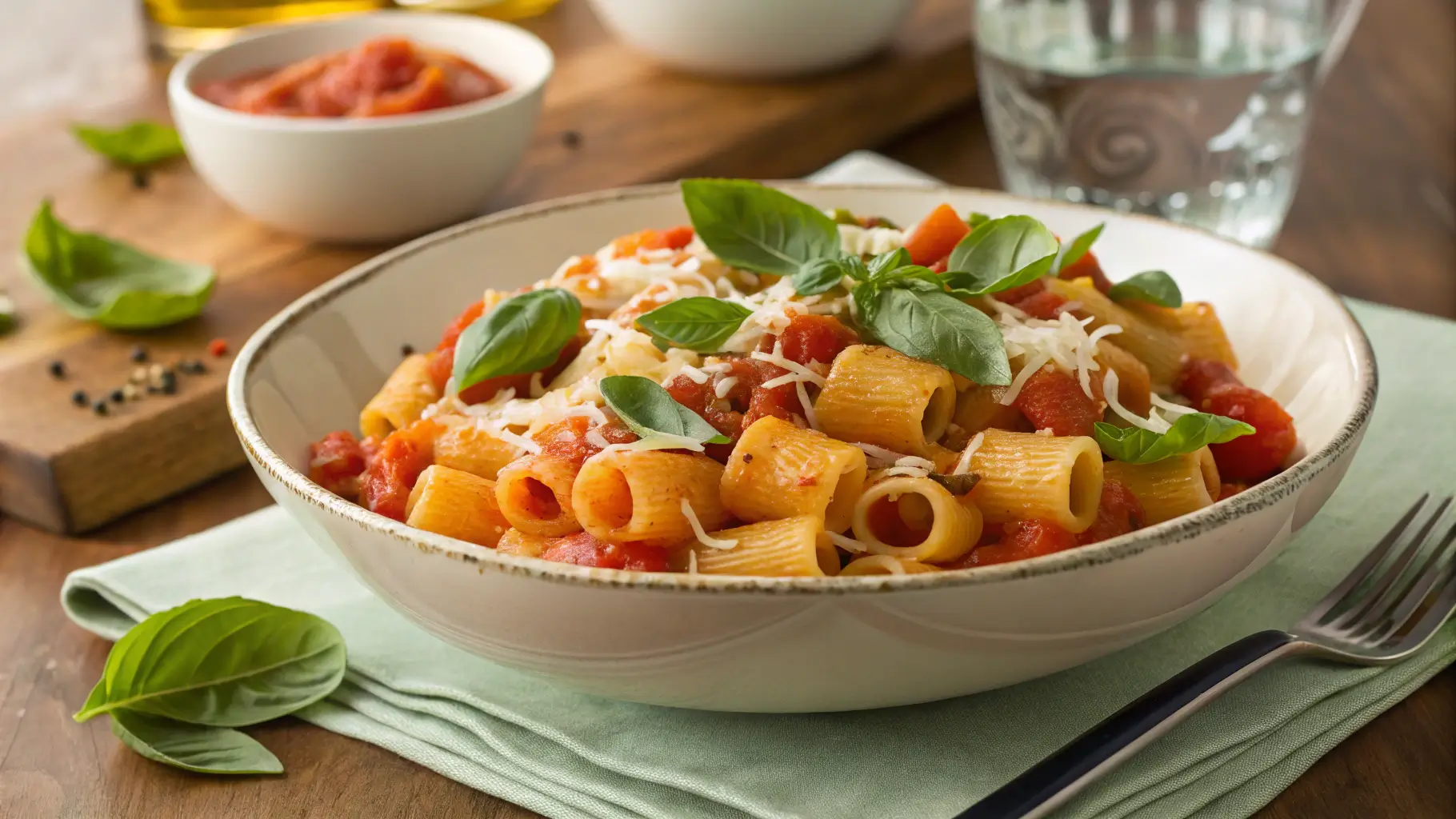 A delicious bowl of ditalini pasta garnished with basil and cheese.