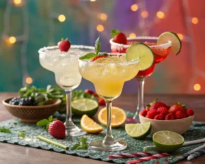 A colorful display of various tequila cocktails garnished with fruits and herbs.