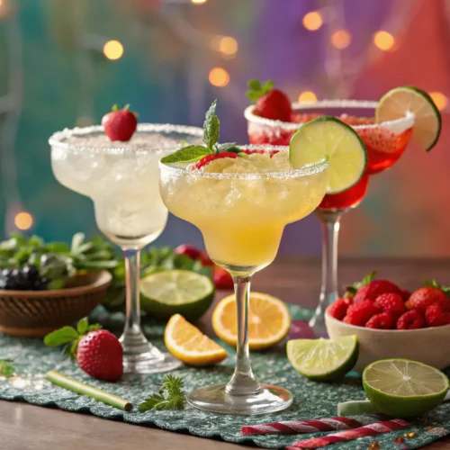 A colorful display of various tequila cocktails garnished with fruits and herbs.