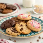 A variety of Crumbl cookies displayed on a decorative plate, showcasing different flavors and textures.