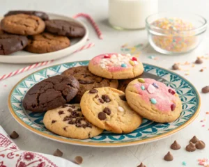 A variety of Crumbl cookies displayed on a decorative plate, showcasing different flavors and textures.