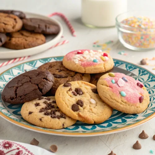 A variety of Crumbl cookies displayed on a decorative plate, showcasing different flavors and textures.