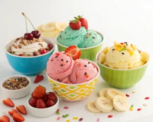 A variety of Ninja Creami ice cream flavors served in colorful bowls with toppings.
