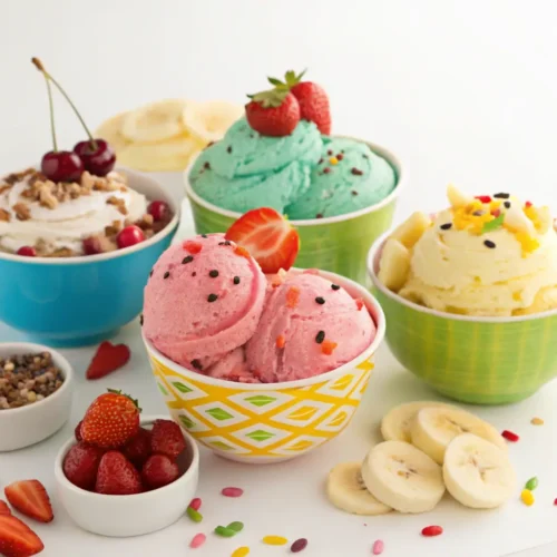 A variety of Ninja Creami ice cream flavors served in colorful bowls with toppings.