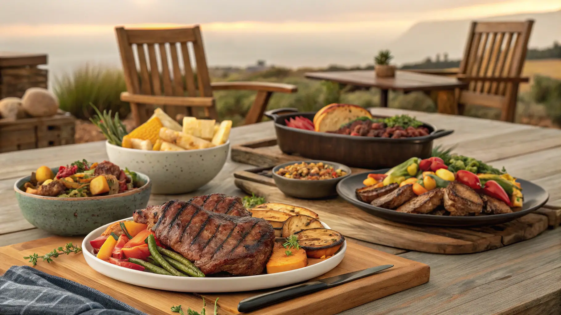 A feast of grilled meats and vegetables from Pit Boss recipes, beautifully plated and ready to serve.
