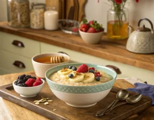 A beautifully styled bowl of Cream of Wheat with various toppings in a cozy kitchen setting.