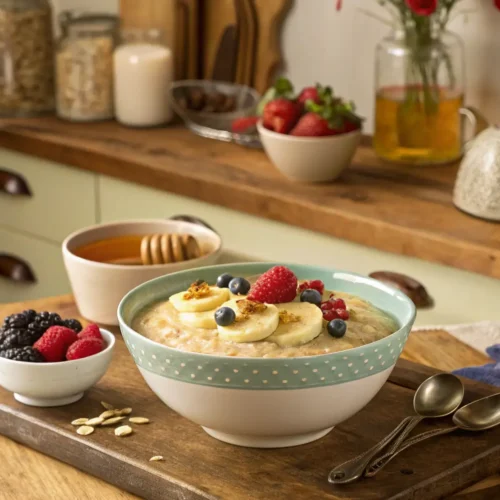 A beautifully styled bowl of Cream of Wheat with various toppings in a cozy kitchen setting.