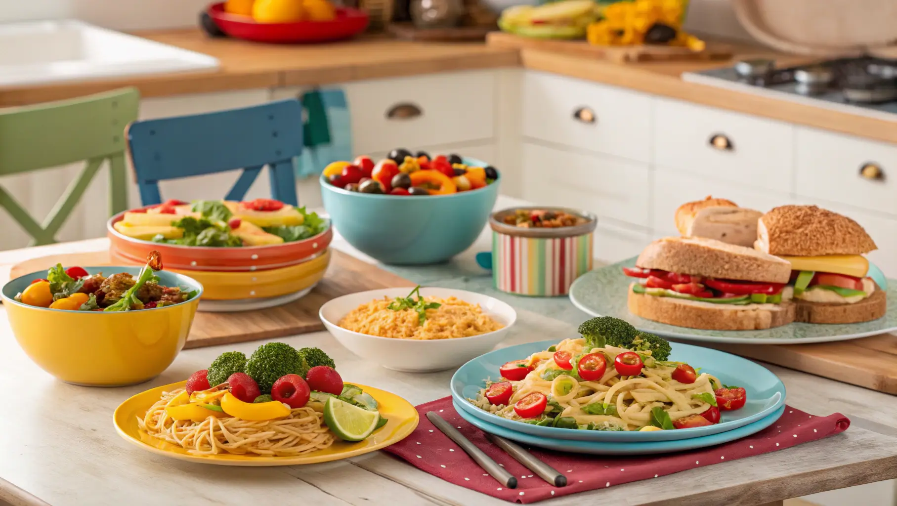 A table set with various cheap and easy meals, showcasing colorful and appetizing dishes.