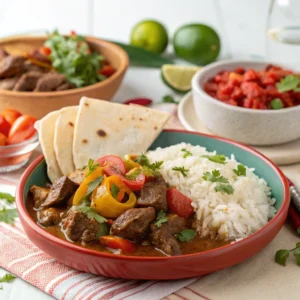 Plated Carne Guisada with various serving options.