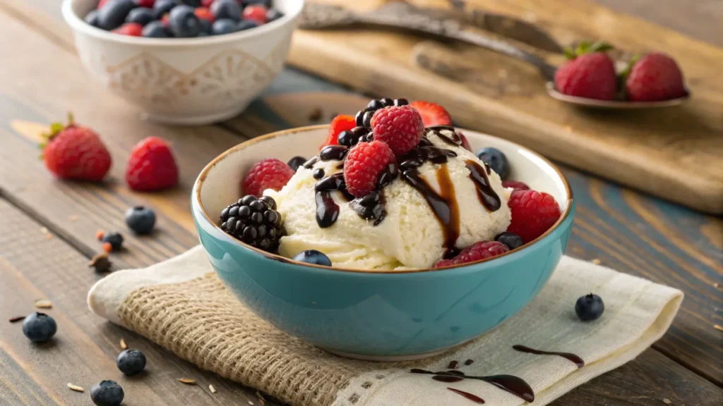 A bowl of Ninja Creami vanilla ice cream topped with fresh berries and chocolate sauce.